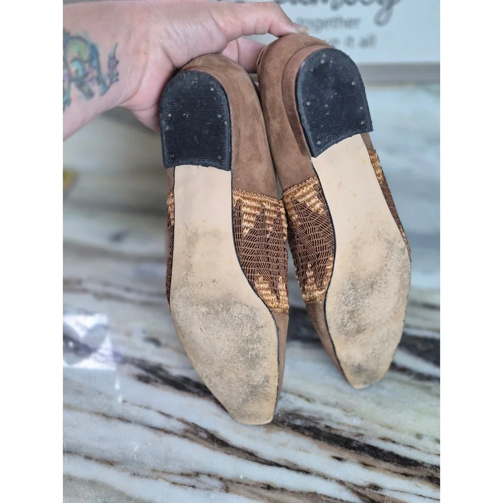 Spiegel Vintage Tan Suede Woven Vamp Pointed Toe Loafers Made in Italy Size 7.5M